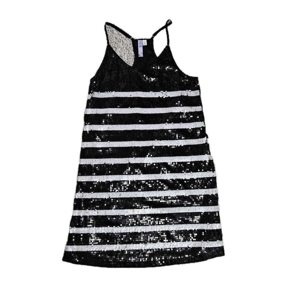 Alya Sequin‎ Mini Dress Women Large Black Silver Striped Racerback Sleeveless
